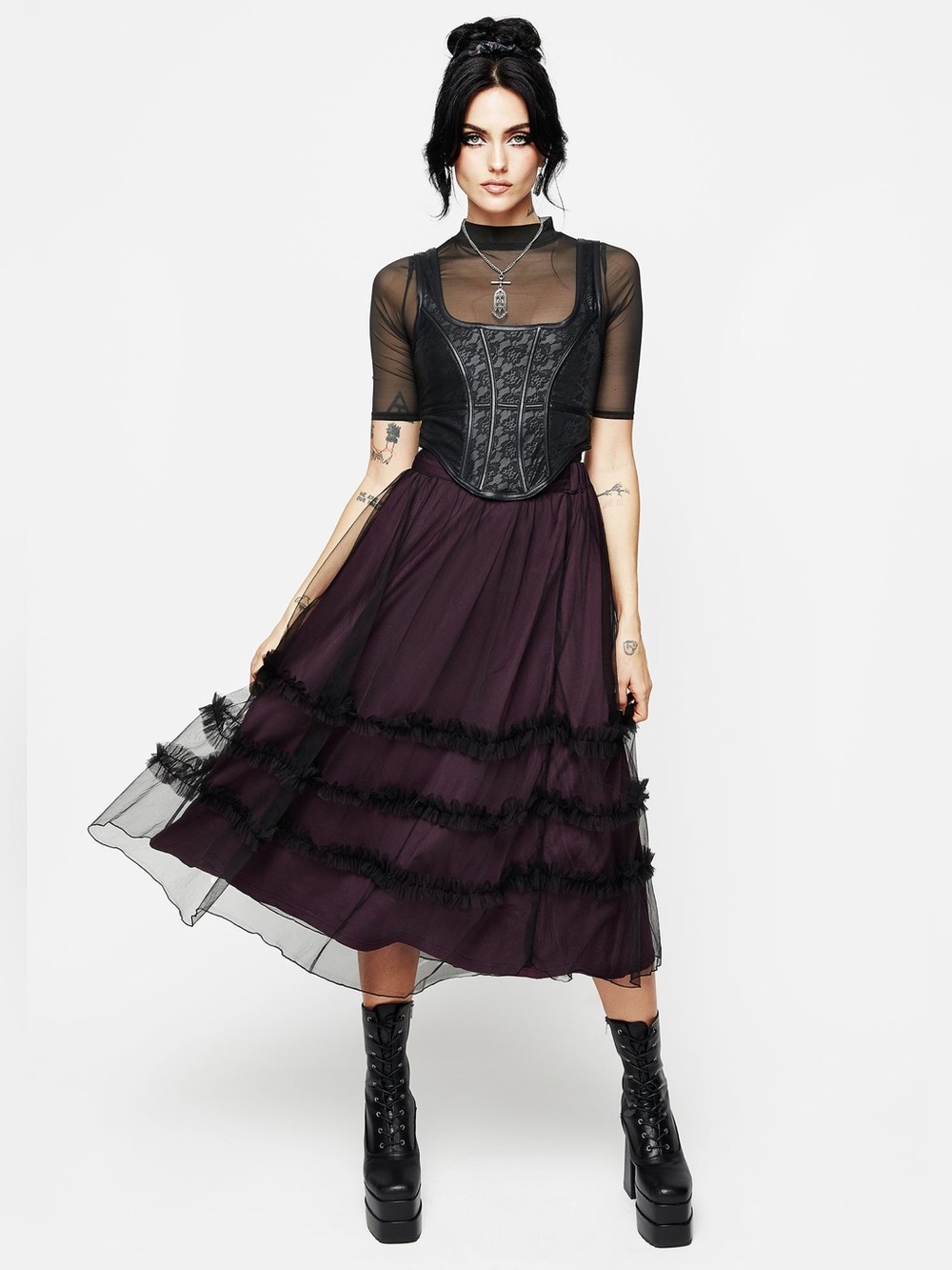 Disturbia Wanderer Contrast Lining Tiered Midi Skirt US 12 / UK 16